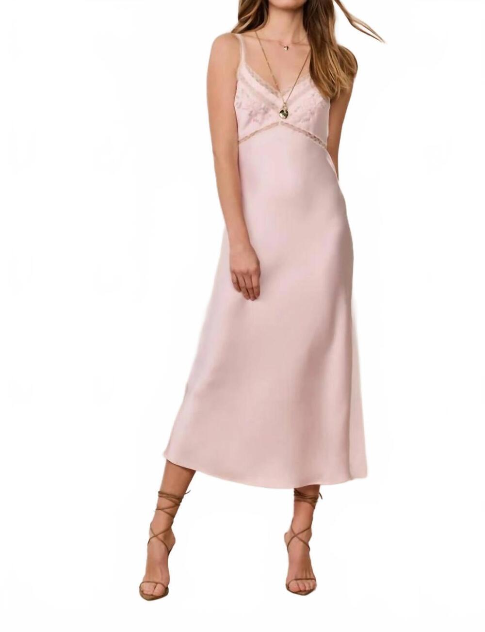 NEW LOVESHACKFANCY annabeth embroidered satin midi dress in tonal blush